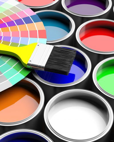 Paint colors catalogue and brush on paint cans background. 3d illustration